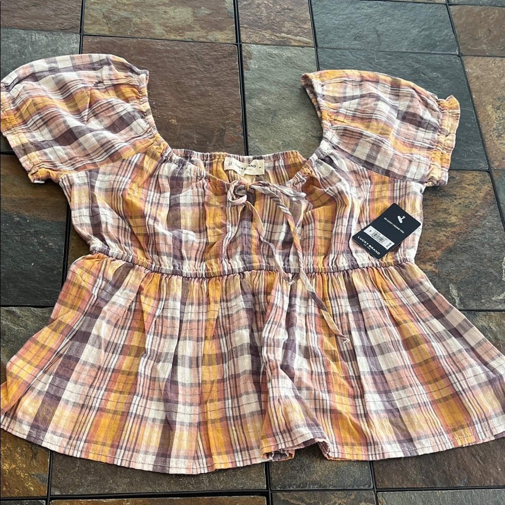 NWT Lucky Brand Plaid Puff Sleeve Top Size M